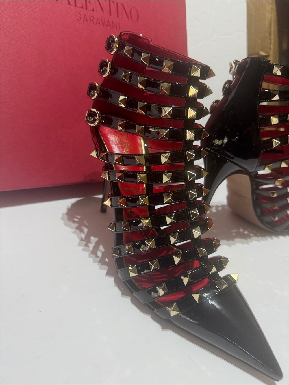 Valentino Garavani Black and Red Rockstud Cage Pointed Toe Stiletto Heels - Picture 6 of 14